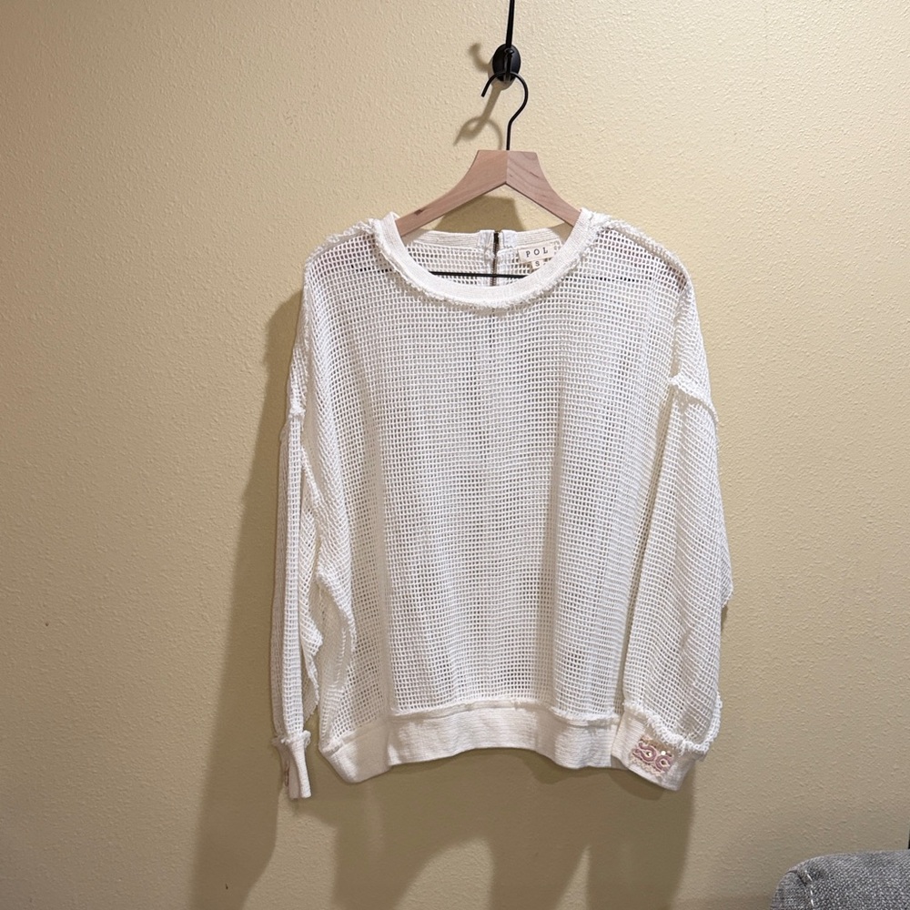 POL size small White Mesh Pullover oversized Sweater with embroidered accents